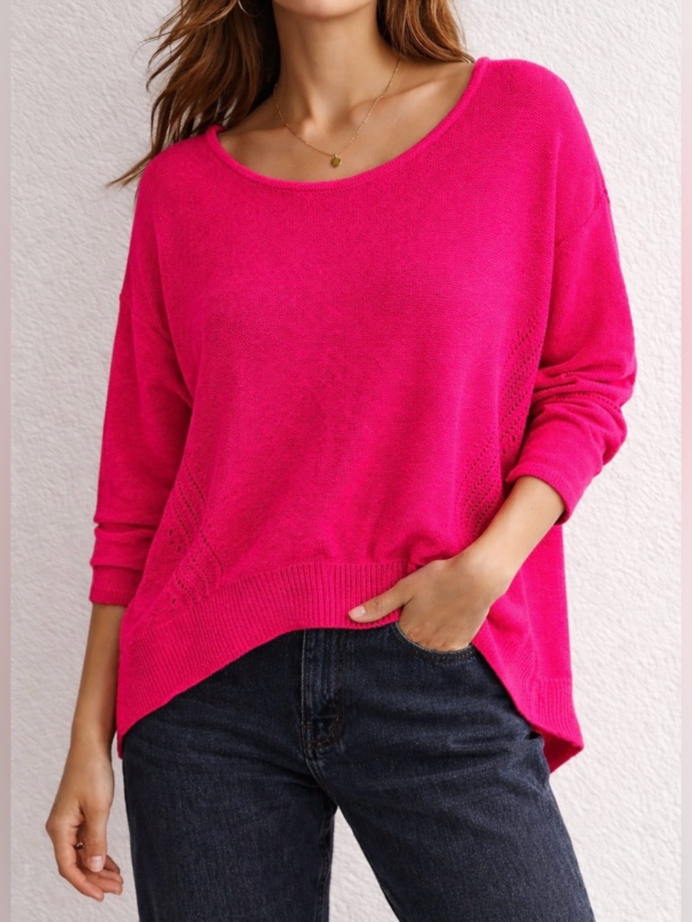Anthropologie Hot Pink Linen Blend Boat Neck Sweater - Size S